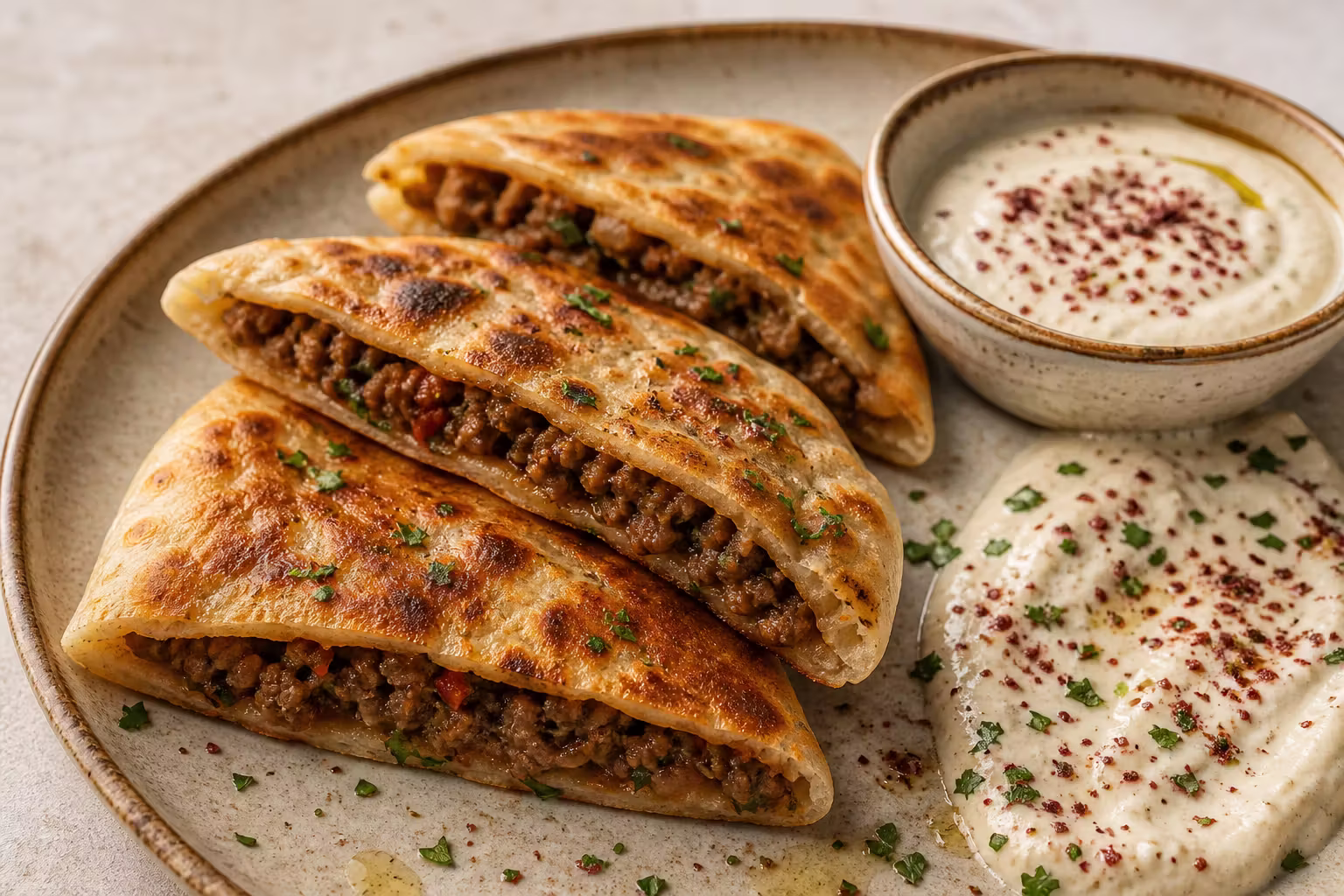 Arayes mit Lammhack und Tahini-Joghurt