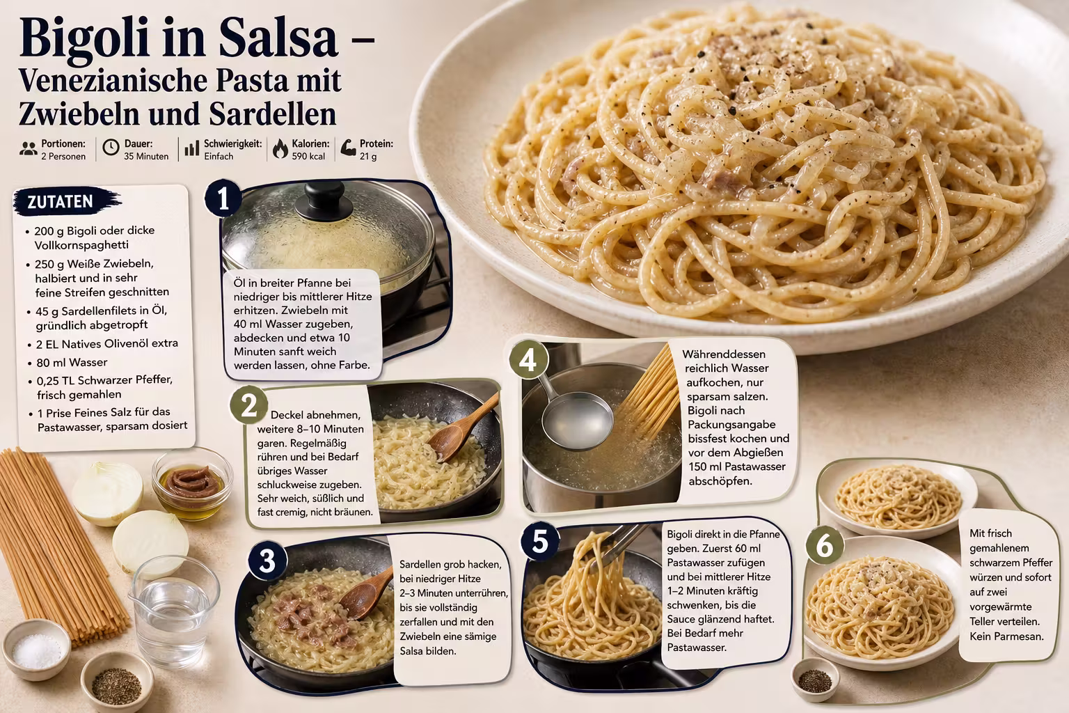 Rezept: Bigoli in Salsa – Venezianische Pasta mit Zwiebeln und Sardellen