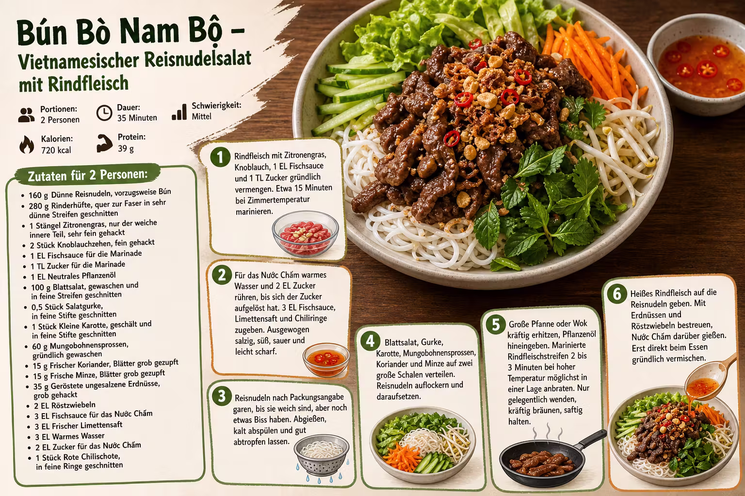 Rezept: Bún Bò Nam Bộ – Vietnamesischer Reisnudelsalat mit Rindfleisch