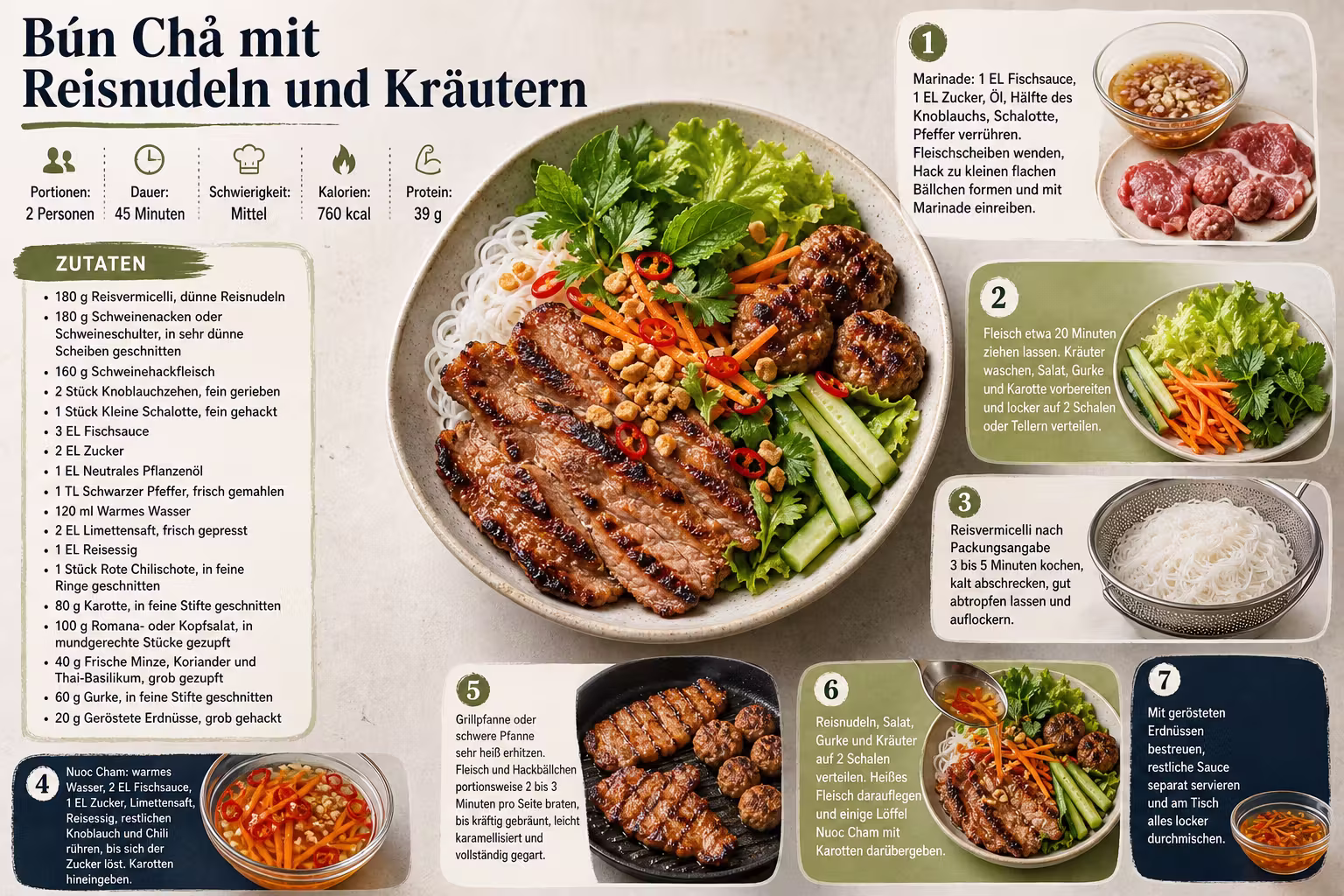 Rezept: Bún Chả mit Reisnudeln und Kräutern