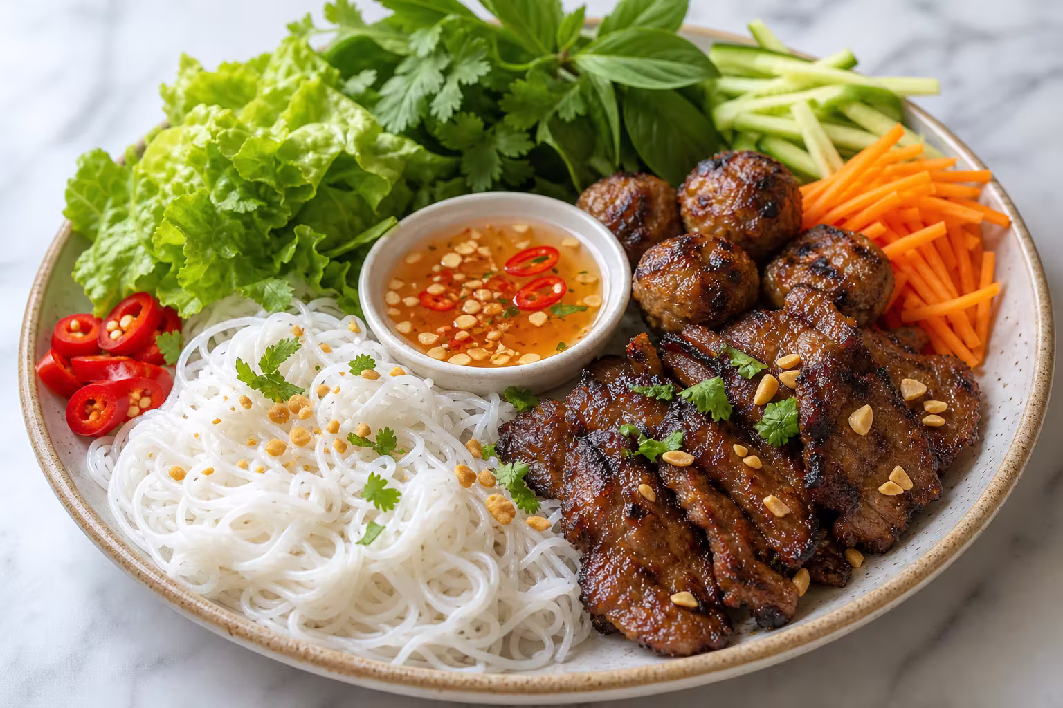 Bún Chả mit Reisnudeln und Kräutern