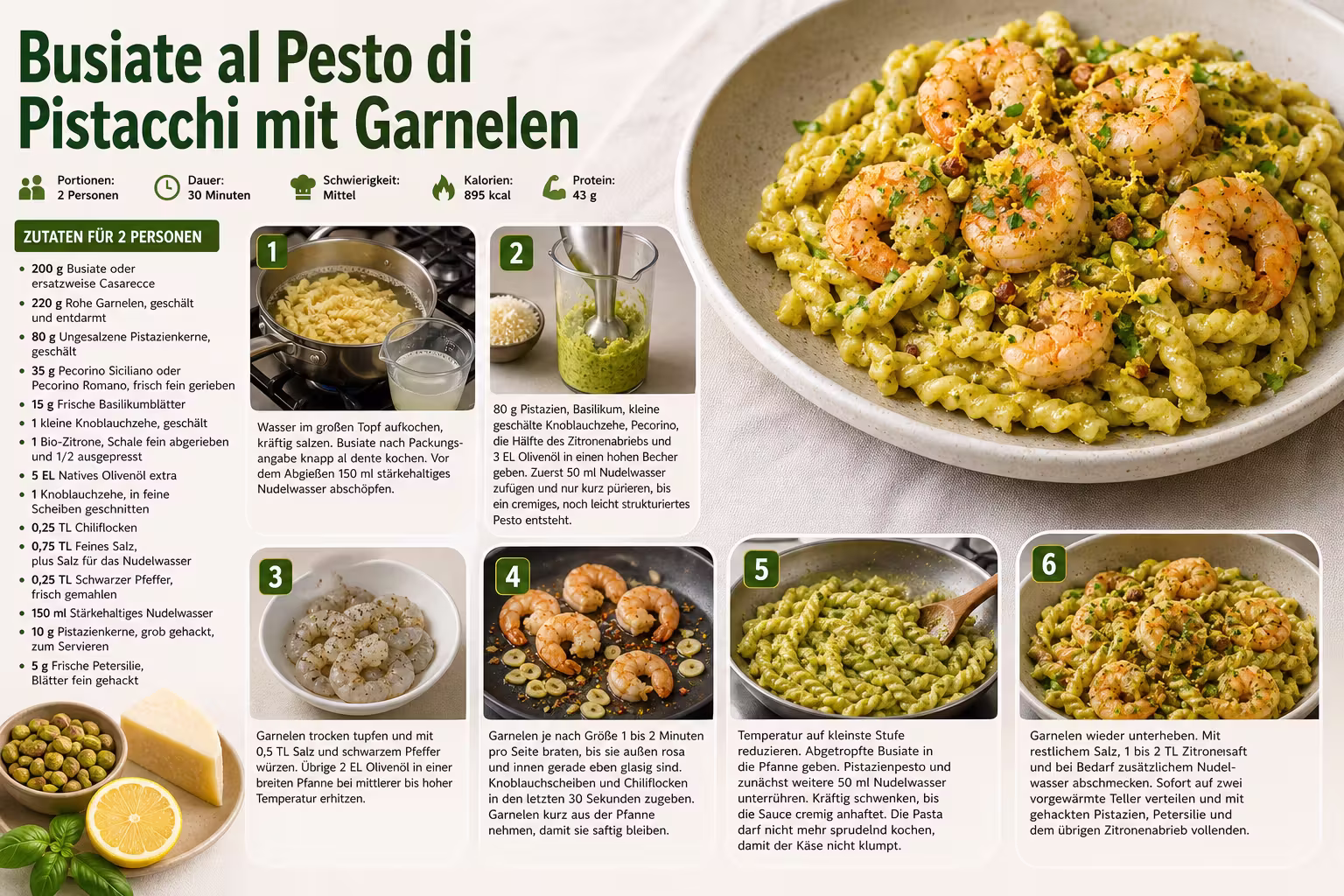 Rezept: Busiate al Pesto di Pistacchi mit Garnelen