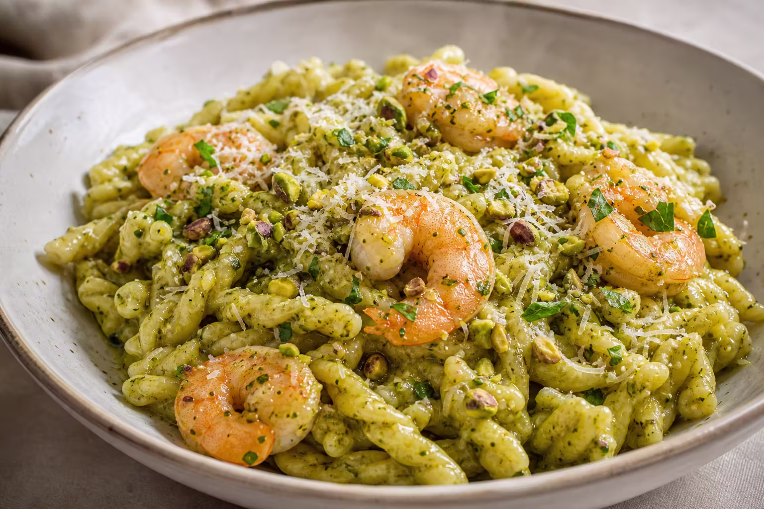 Busiate al Pesto di Pistacchi mit Garnelen