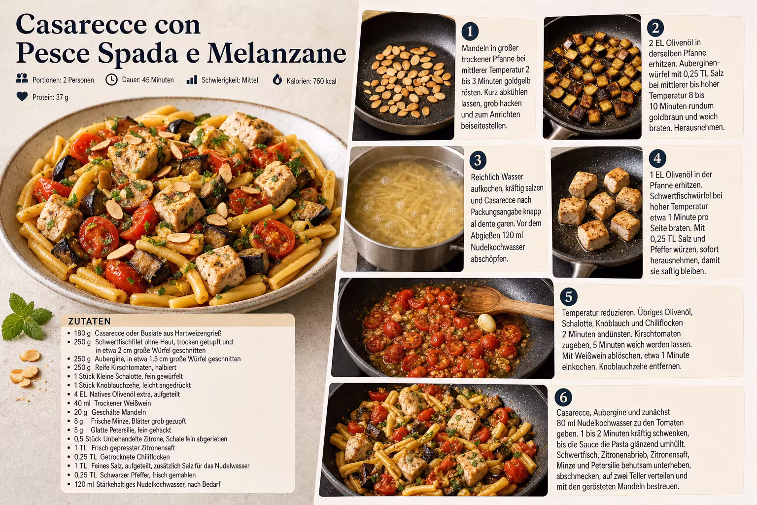 Rezept: Casarecce con Pesce Spada e Melanzane