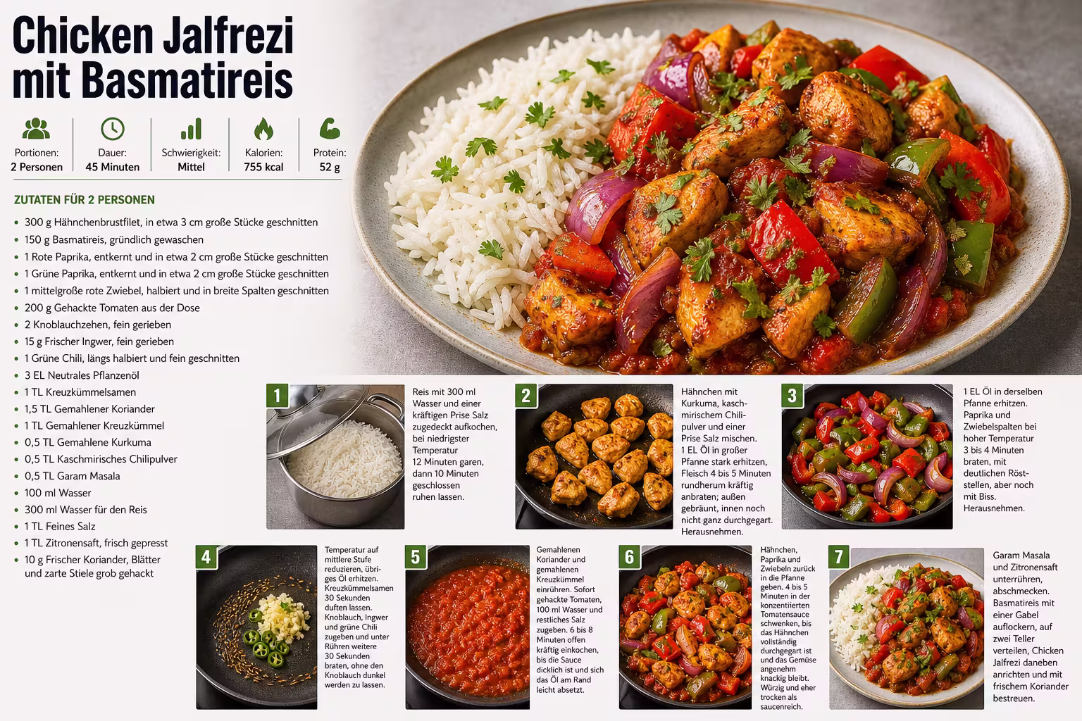 Rezept: Chicken Jalfrezi mit Basmatireis