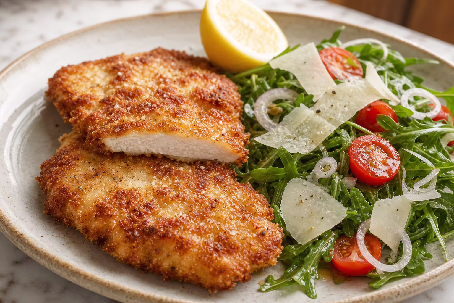 Chicken Milanese mit Rucola-Tomatensalat