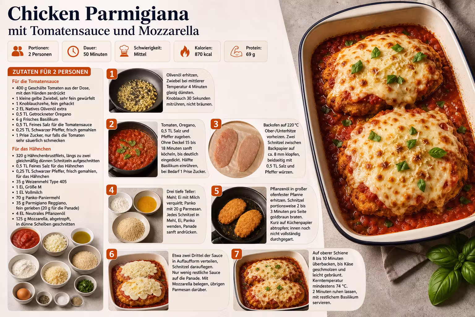 Rezept: Chicken Parmigiana mit Tomatensauce und Mozzarella