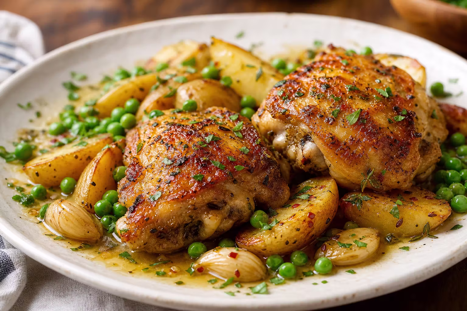 Chicken Vesuvio mit Kartoffeln und Erbsen