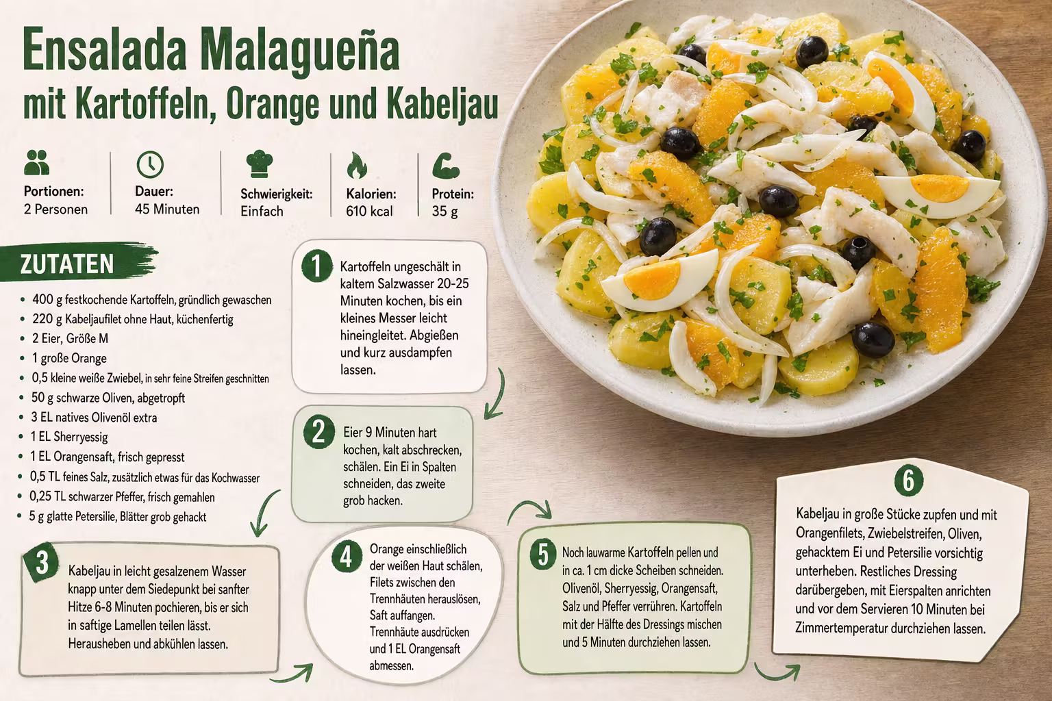 Rezept: Ensalada Malagueña mit Kartoffeln, Orange und Kabeljau