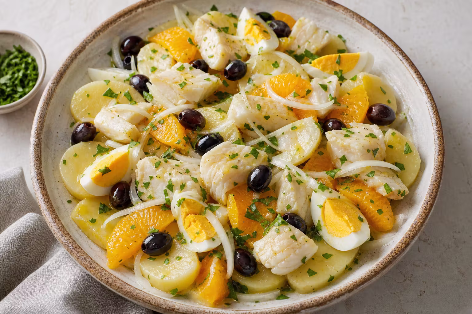 Ensalada Malagueña mit Kartoffeln, Orange und Kabeljau