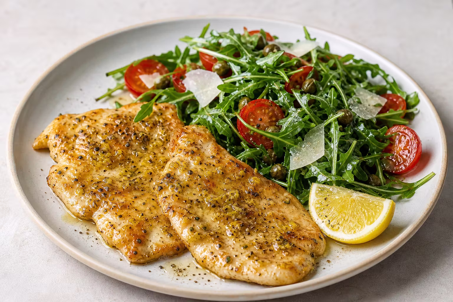 Hähnchen-Paillard mit Rucola-Tomatensalat