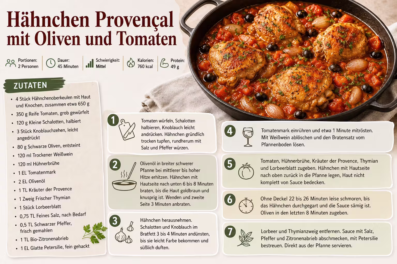 Rezept: Hähnchen Provençal mit Oliven und Tomaten