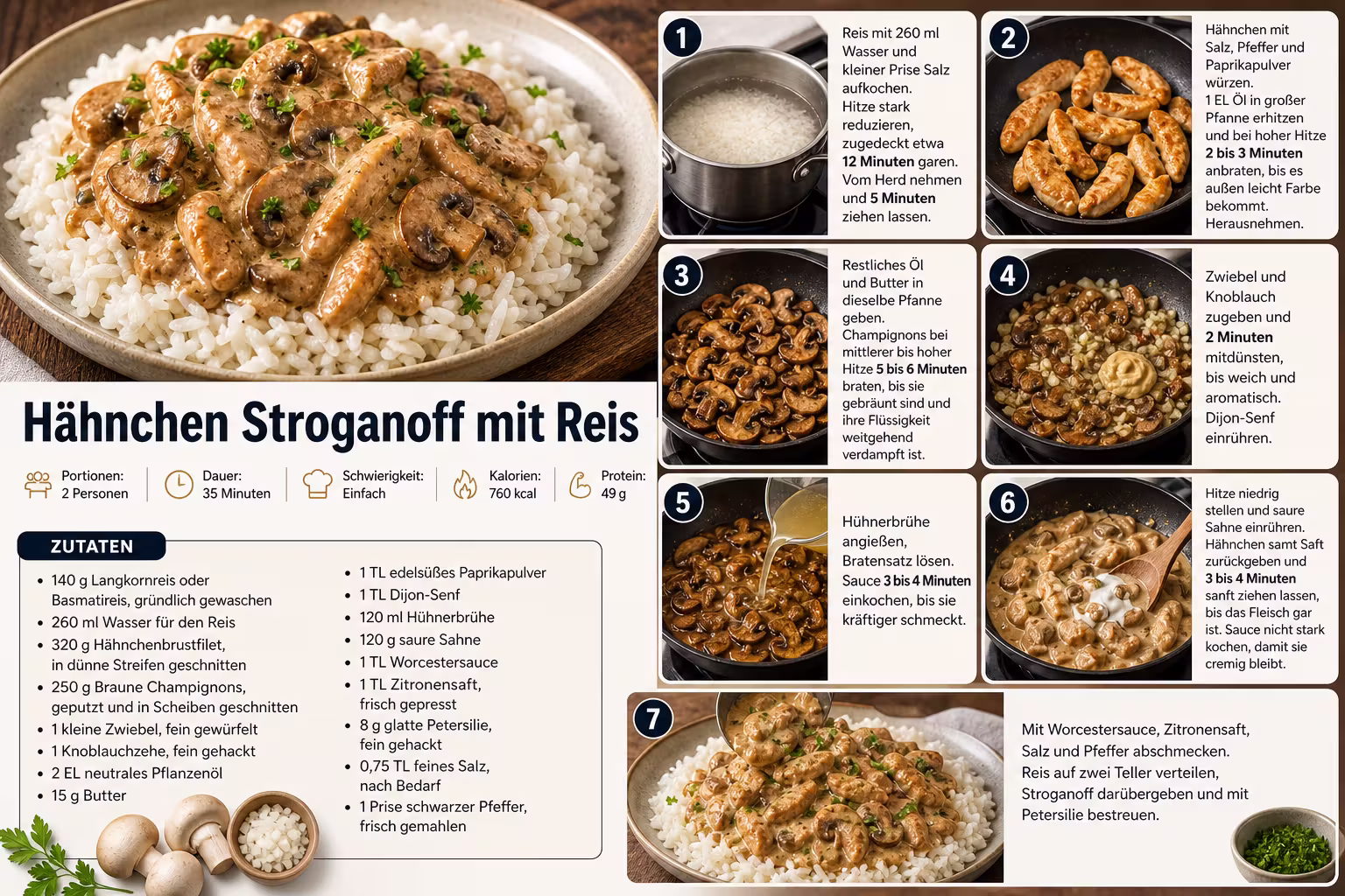 Rezept: Hähnchen Stroganoff mit Reis
