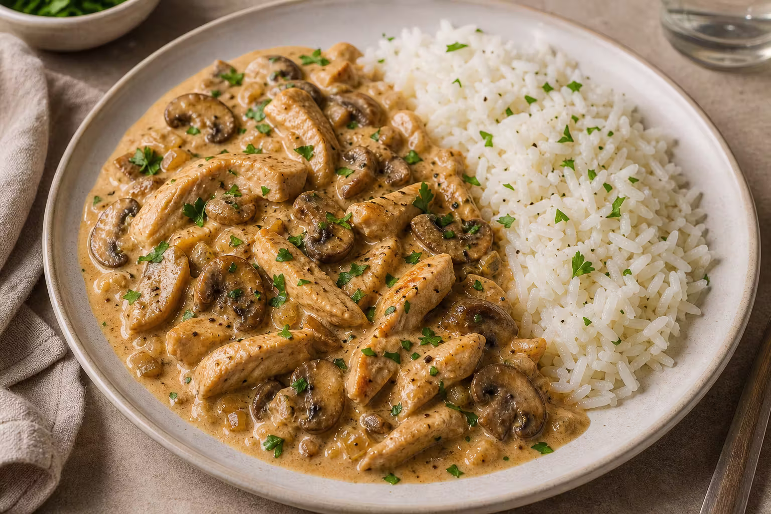 Hähnchen Stroganoff mit Reis