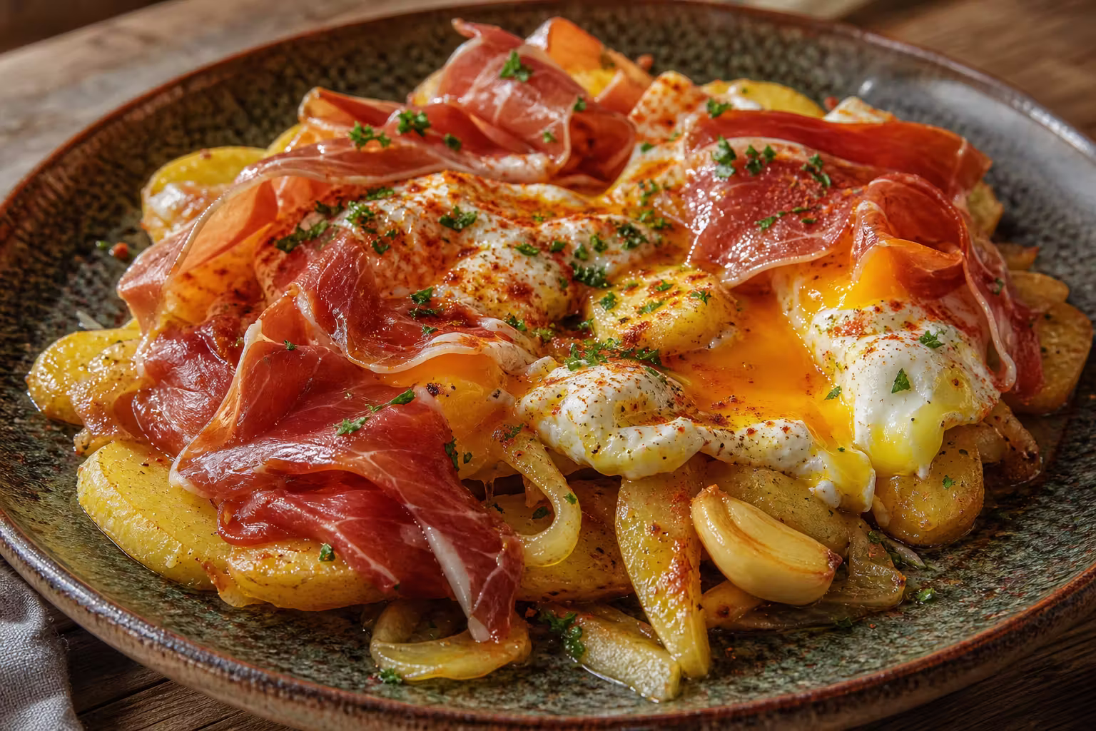 Huevos Rotos con Jamón – Spanische Eier auf Kartoffeln