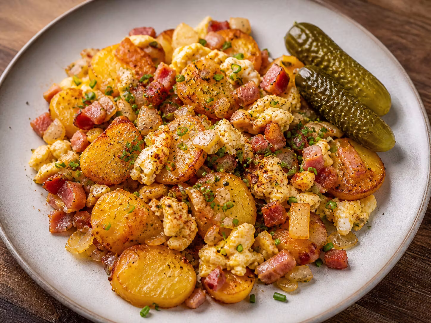 Klassisches Bauernfrühstück mit Speck und Ei