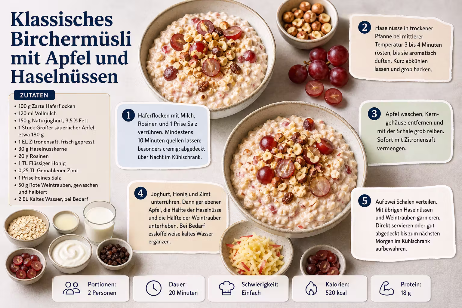 Rezept: Klassisches Birchermüsli mit Apfel und Haselnüssen