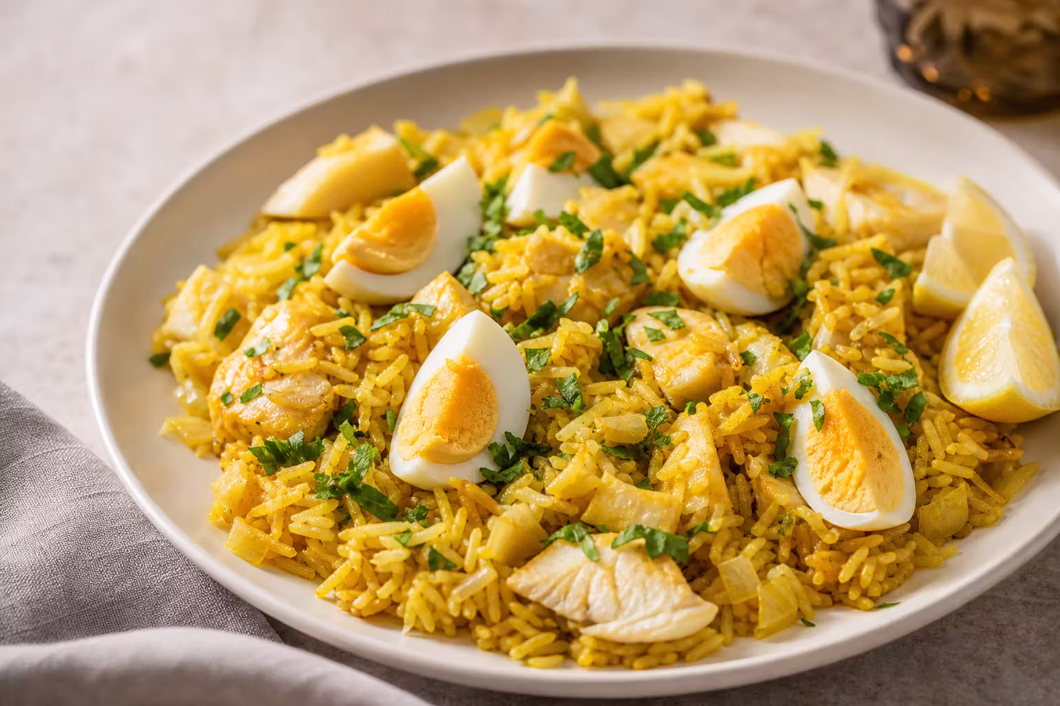 Klassisches Kedgeree mit Räucherschellfisch und Ei