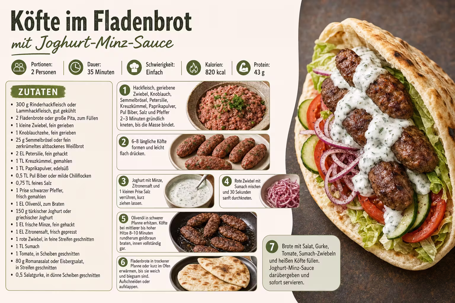 Rezept: Köfte im Fladenbrot mit Joghurt-Minz-Sauce