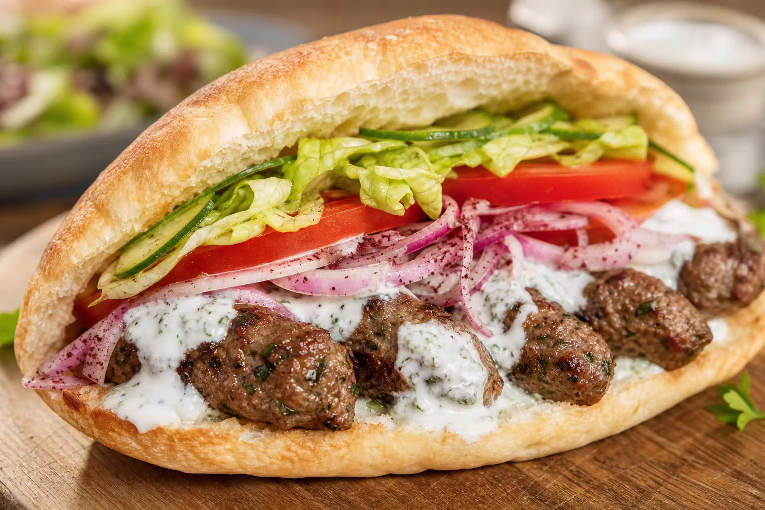 Köfte im Fladenbrot mit Joghurt-Minz-Sauce