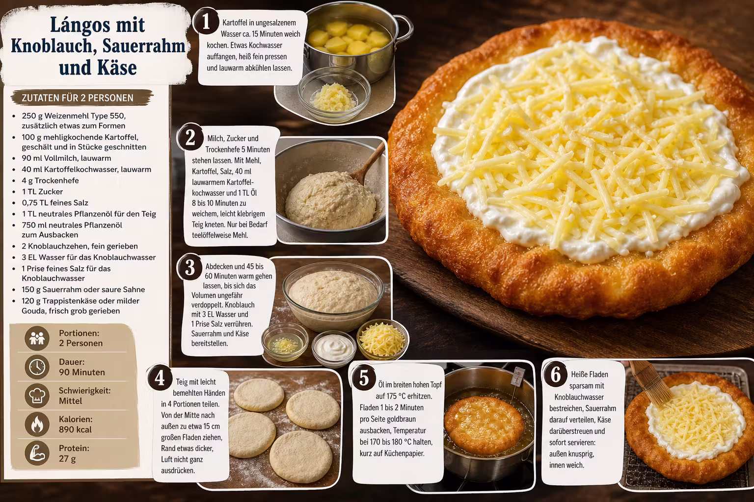 Rezept: Lángos mit Knoblauch, Sauerrahm und Käse