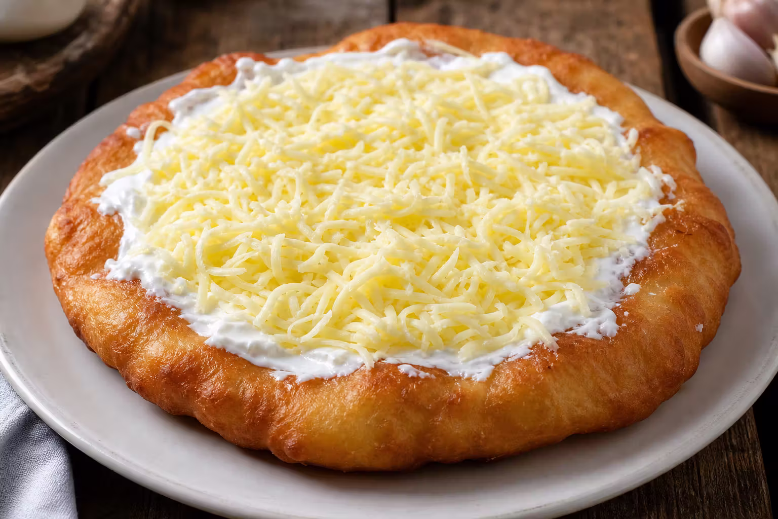 Lángos mit Knoblauch, Sauerrahm und Käse