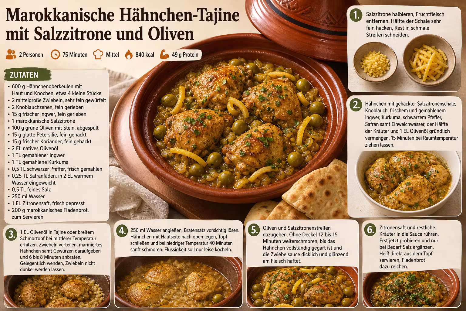 Rezept: Marokkanische Hähnchen-Tajine mit Salzzitrone und Oliven