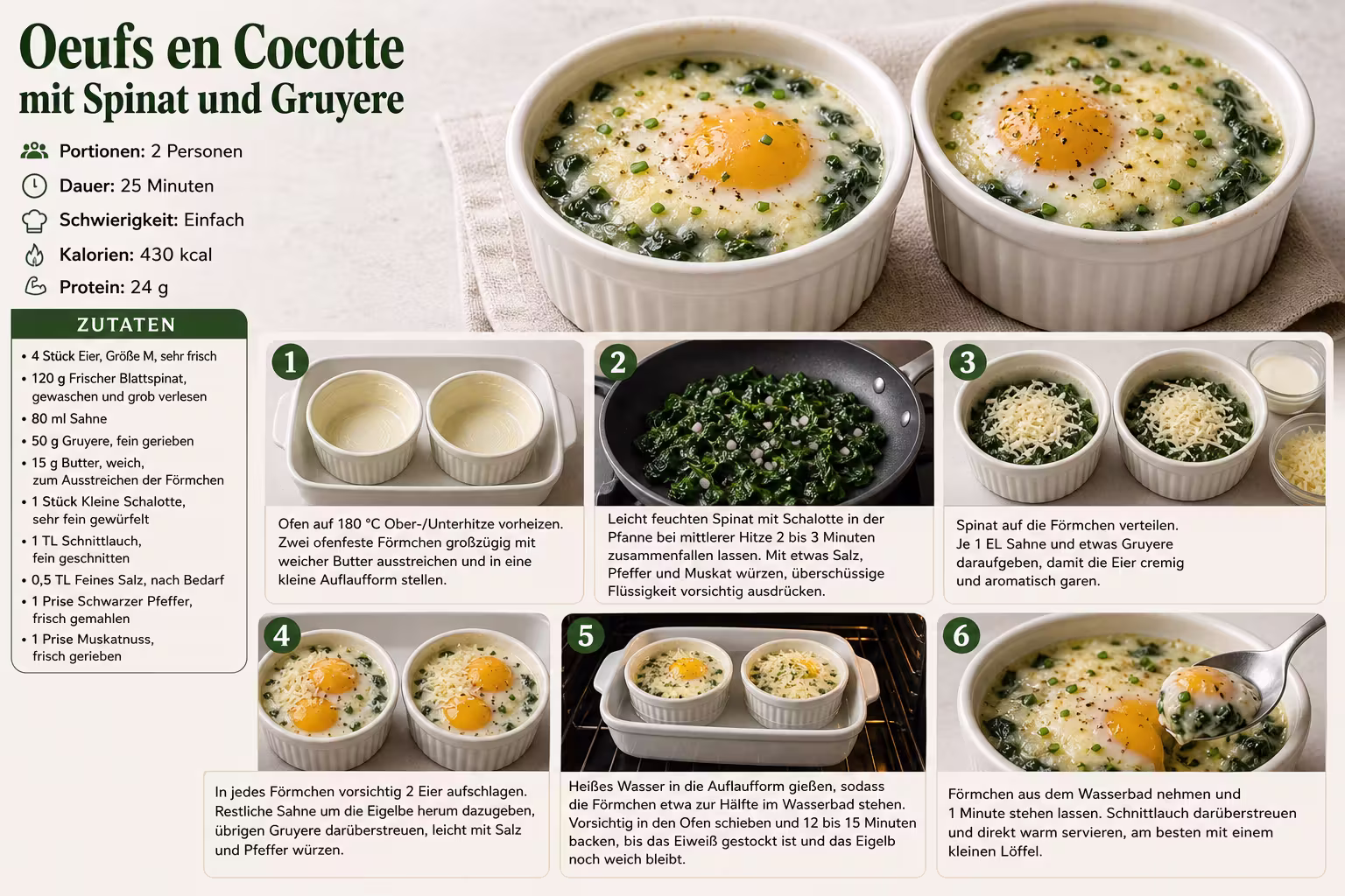 Rezept: Oeufs en Cocotte mit Spinat und Gruyere
