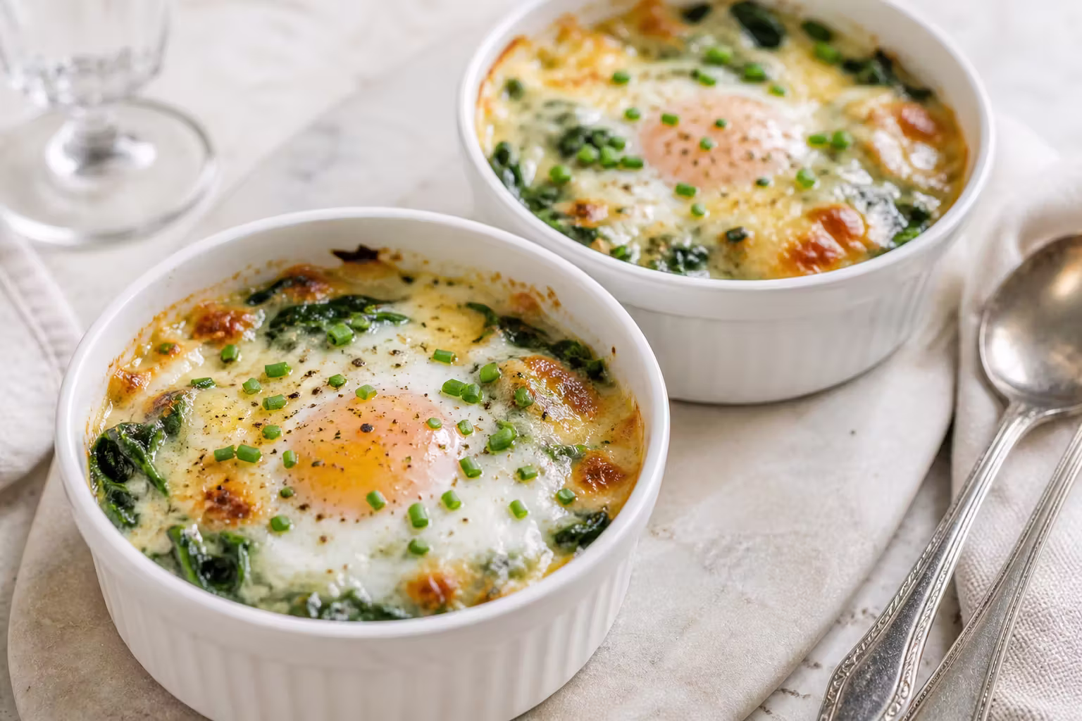 Oeufs en Cocotte mit Spinat und Gruyere