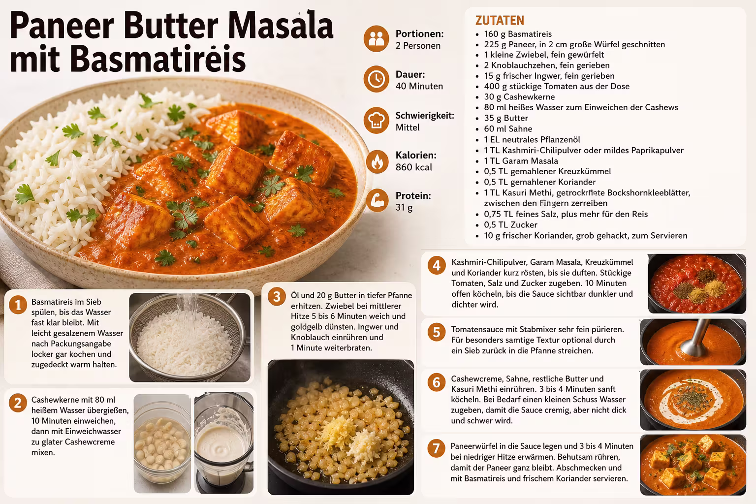 Rezept: Paneer Butter Masala mit Basmatireis
