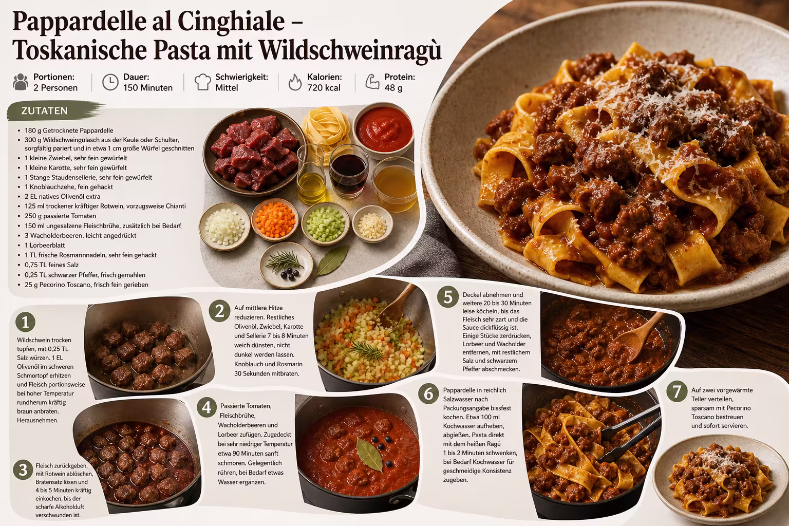 Rezept: Pappardelle al Cinghiale – Toskanische Pasta mit Wildschweinragù
