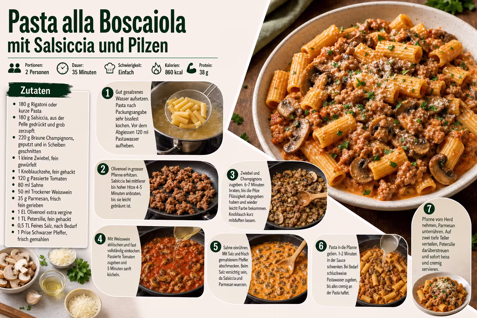 Rezept: Pasta alla Boscaiola mit Salsiccia und Pilzen