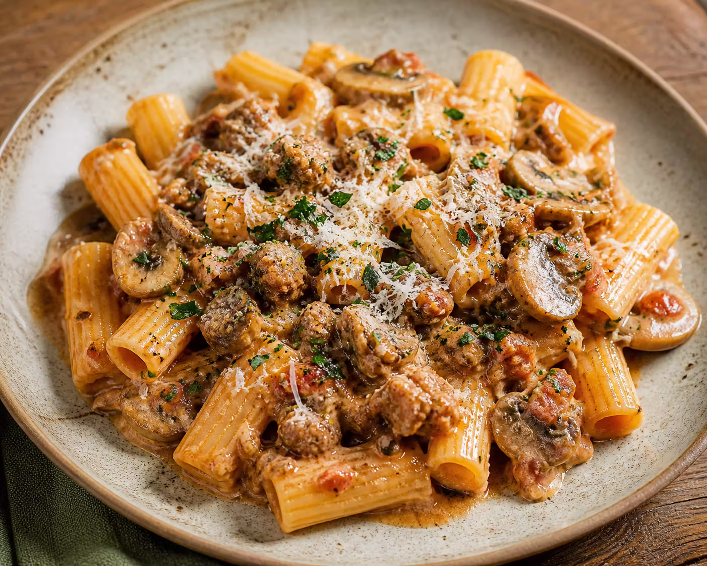 Pasta alla Boscaiola mit Salsiccia und Pilzen