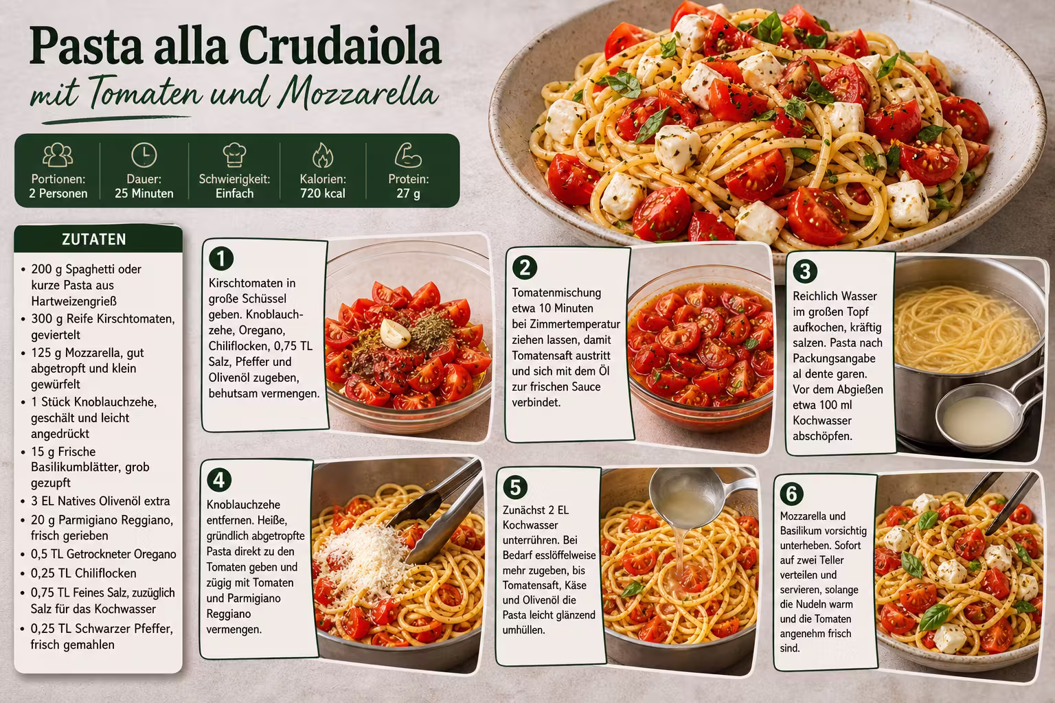 Rezept: Pasta alla Crudaiola mit Tomaten und Mozzarella