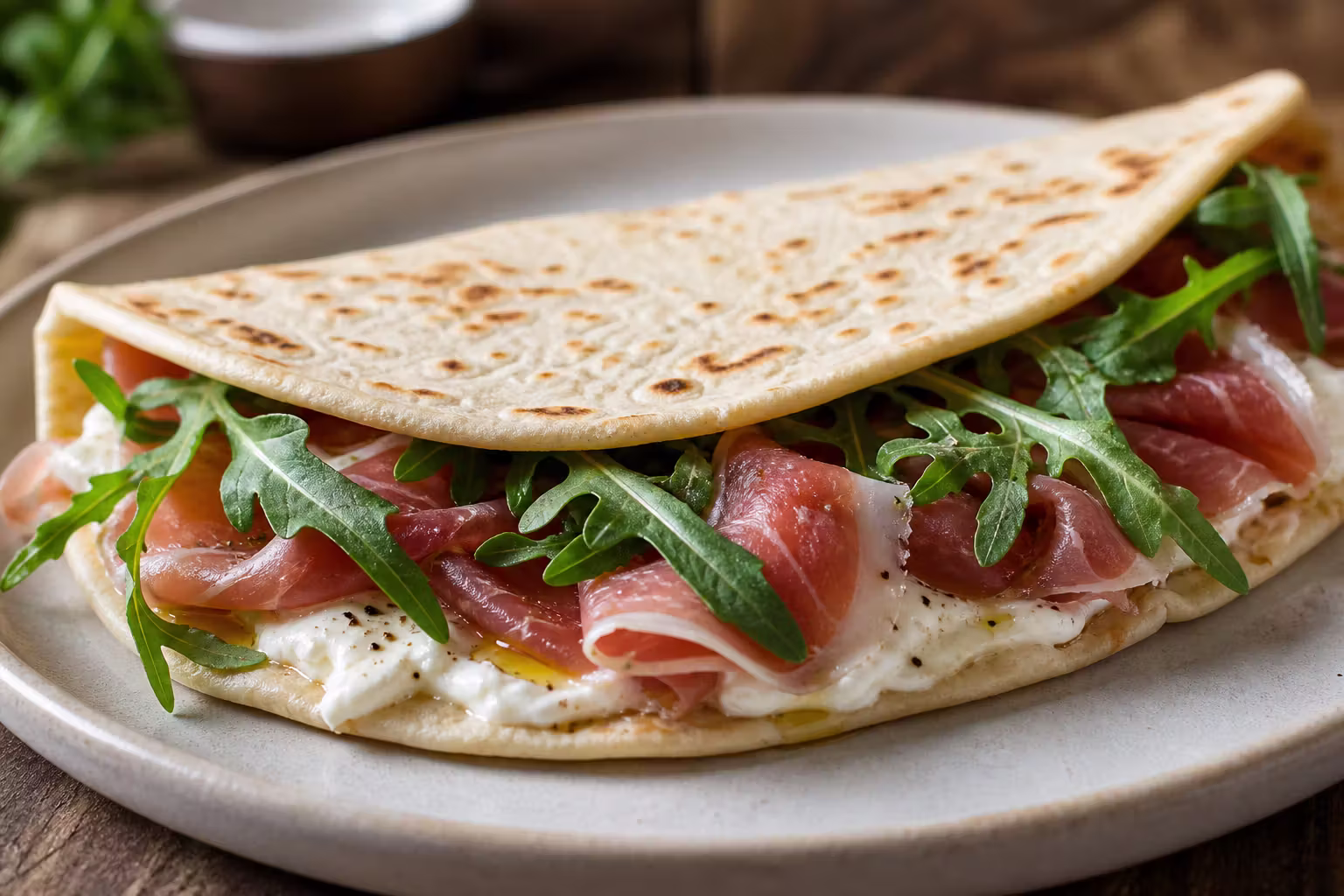 Piadina Romagnola mit Prosciutto, Rucola und Squacquerone