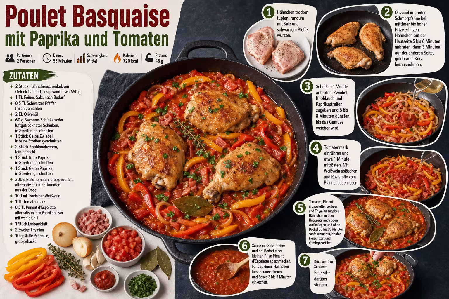 Rezept: Poulet Basquaise mit Paprika und Tomaten