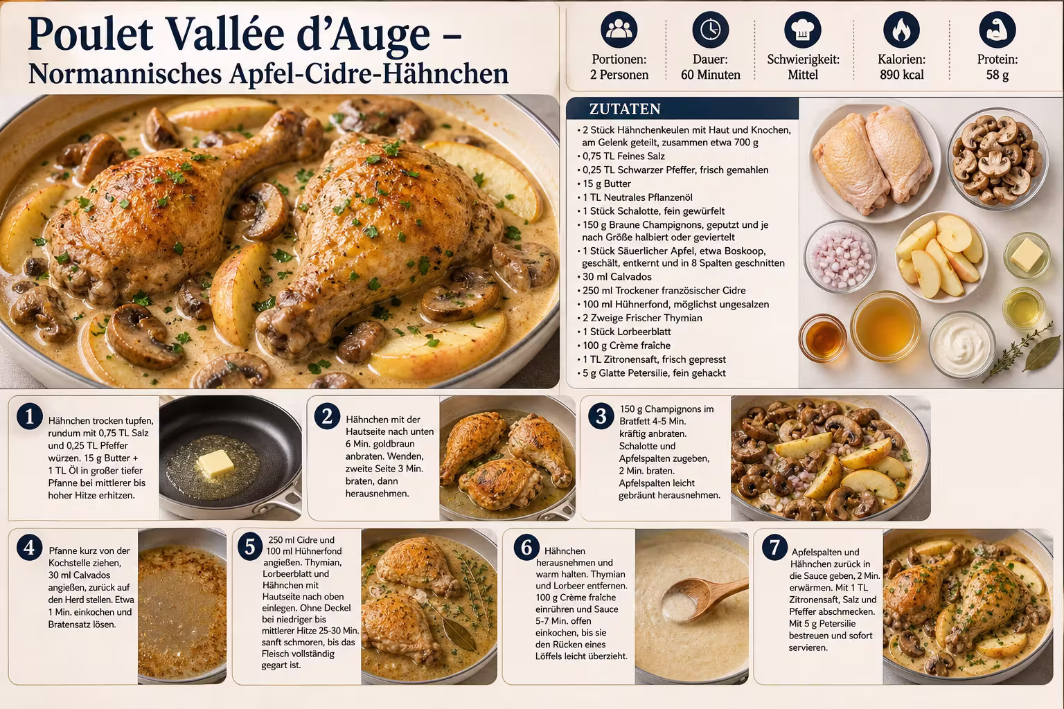 Rezept: Poulet Vallée d’Auge – Normannisches Apfel-Cidre-Hähnchen