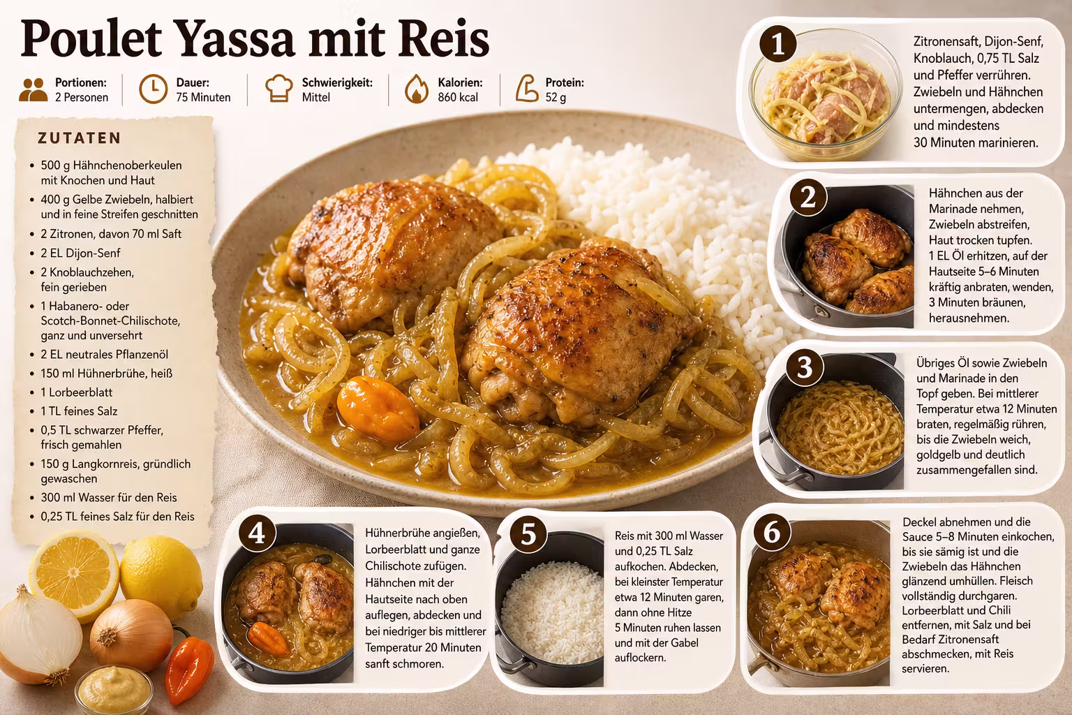 Rezept: Poulet Yassa mit Reis