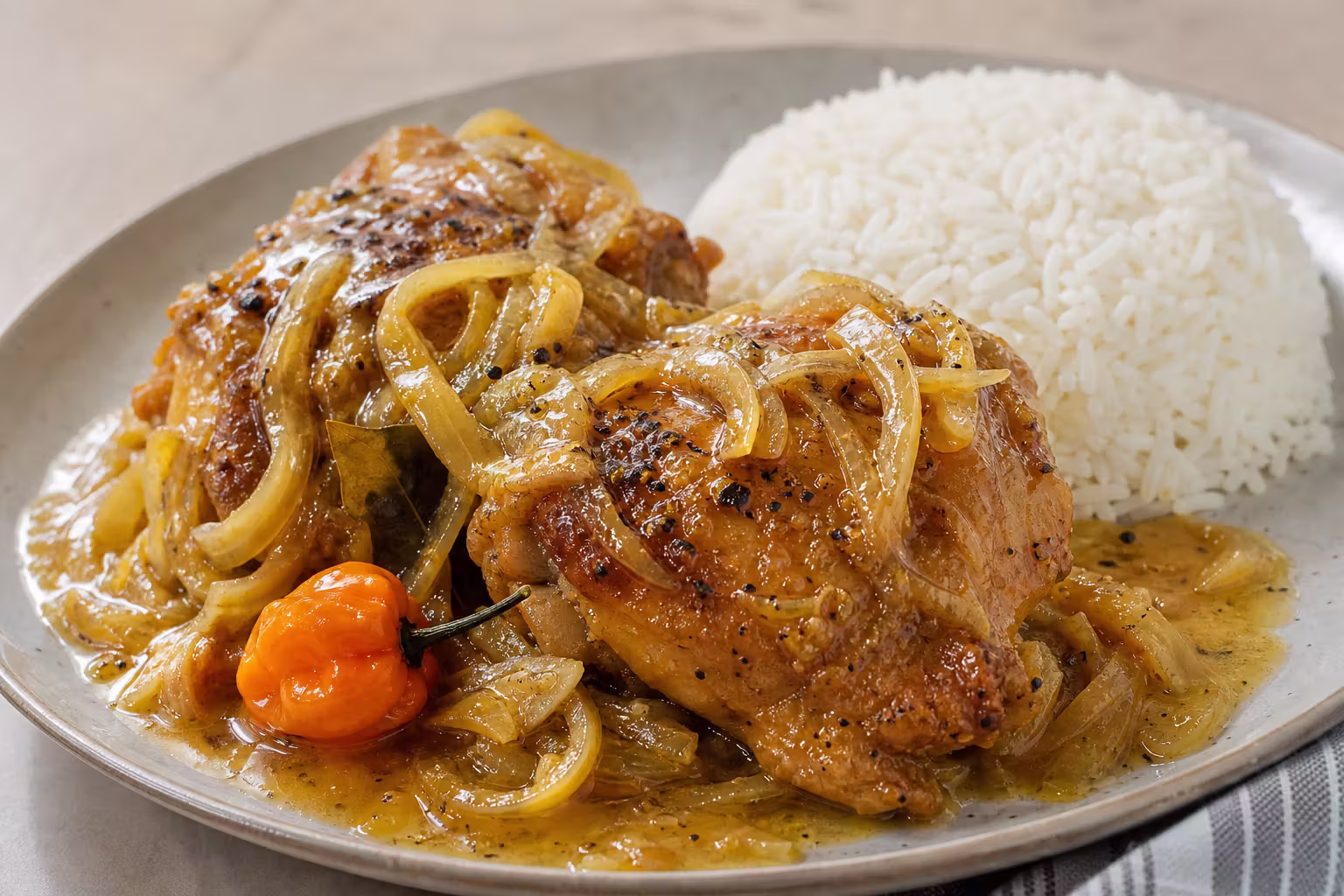 Poulet Yassa mit Reis