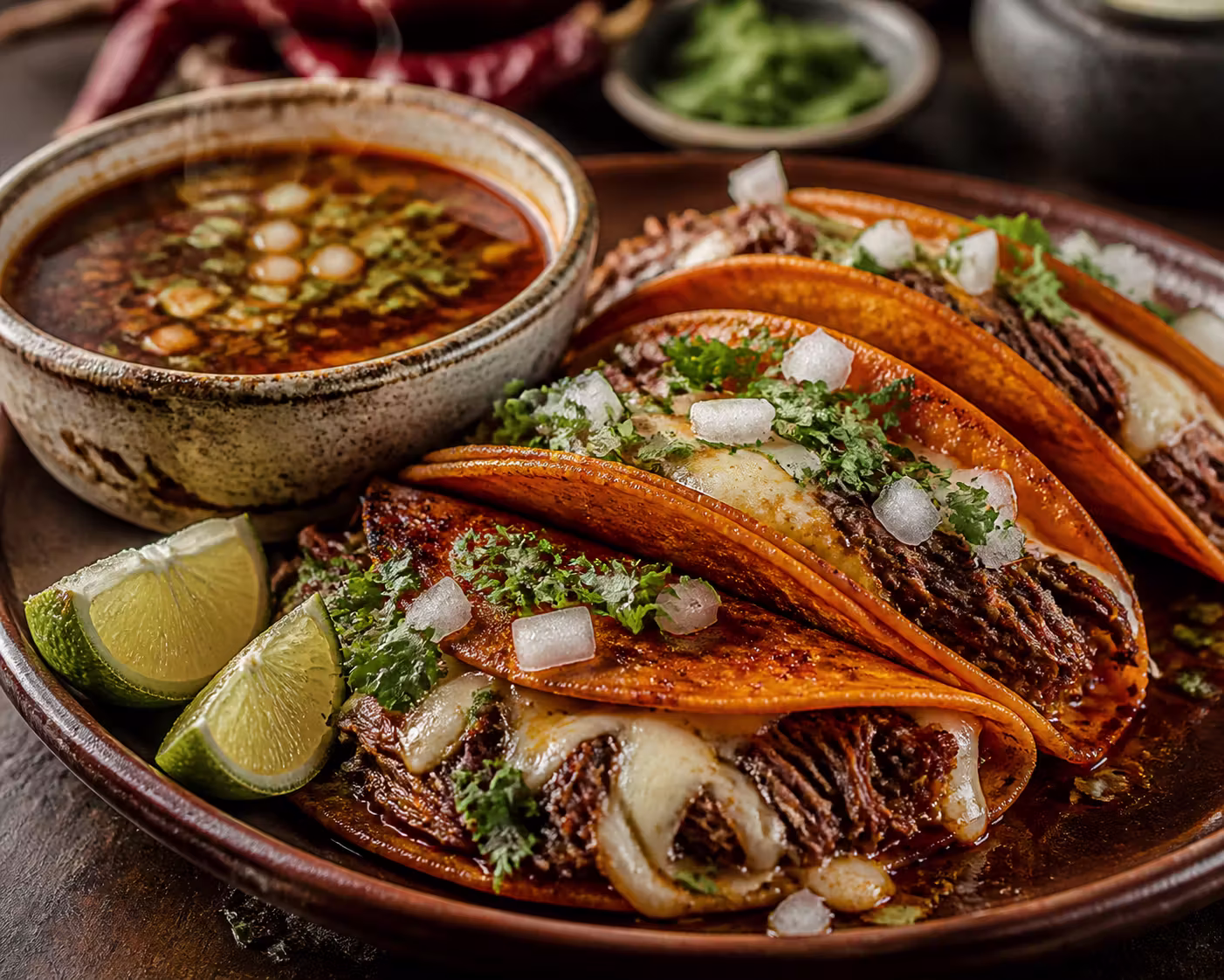 Quesabirria Tacos mit Rind und Consomé