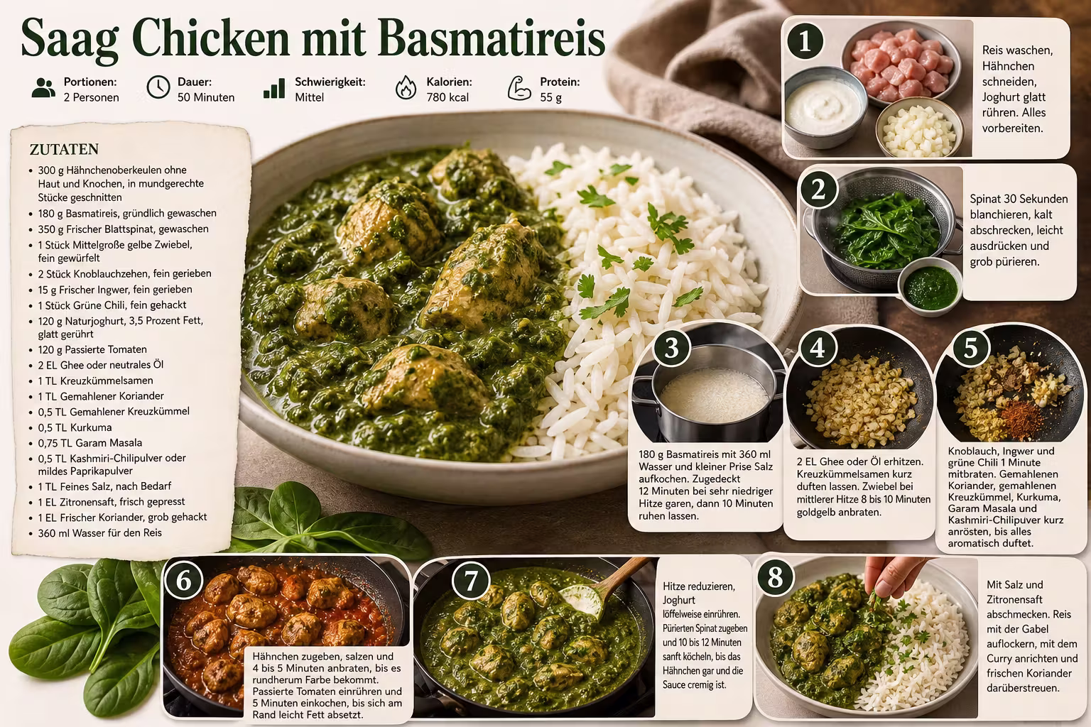 Rezept: Saag Chicken mit Basmatireis