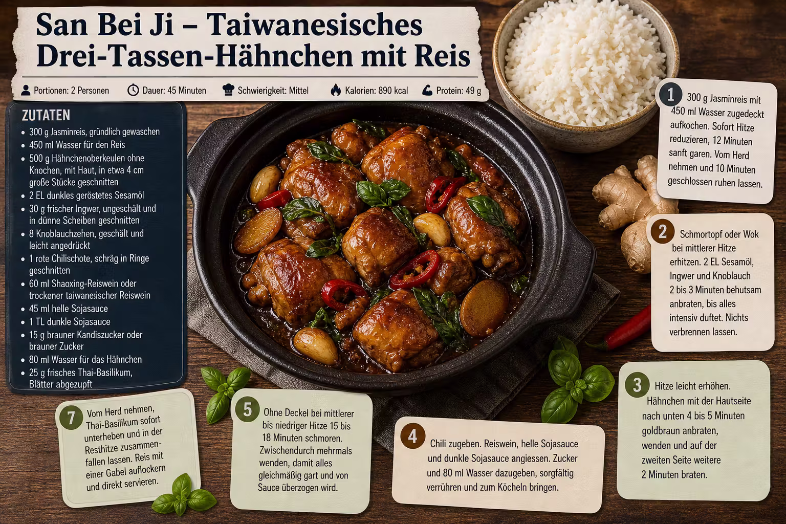 Rezept: San Bei Ji – Taiwanesisches Drei-Tassen-Hähnchen mit Reis
